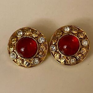 CHANEL Gripoix Round Earrings GP Red Color Stone Vintage